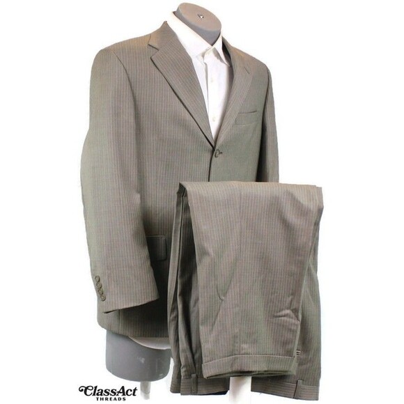 Austin Reed Mens 2 Piece Suit Tan Striped 3 Btn Wool 40R Pleated Fronts 34" W - Picture 2 of 10